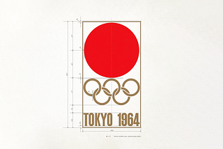 Design sketch for Toyko 1964 logo, red circle with Olympic rings below and 1964 in a bold, condensed font