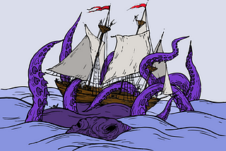 A large purple octopus or Kraken attacking a sailing ship at sea. Sometimes the work of a small press publisher feels like that.