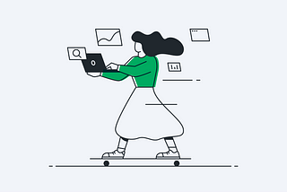 An illustration of a woman riding a skateboard while on designing on a laptop
