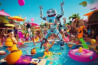 An animated pool party scene with cartoon characters and robots in a tropical setting.