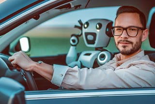 A man driving a car, with a robot sitting next to him
