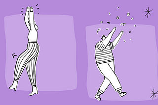 A bright purple background with two hand-drawn figures in black and white. One is a women in striped pants, the other a man with a striped shirt. Both have their arms up, celebrating.