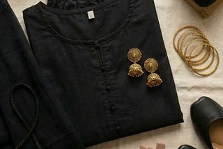 Plain black shalwar kameez with shoes, jewelry, and bag styled for versatile outfits.