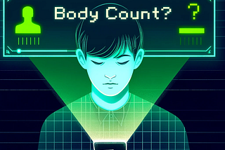 The image shows a young man immersed in his smartphone. Above his head, a text reads, “Body Count?”