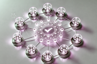 A futuristic, clean, glassmorphism-style diagram illustrating Decentralized Consensus. The image features a circular network of nine interconnected nodes, each represented by sleek, translucent circles. These circles are all connected by lines and surround a central node with a checkmark, symbolizing collective agreement among multiple participants.