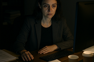 A woman in her 30s sits at a desk late at night, illuminated by the glow of her computer screen. Surrounded by paperwork, coffee cups, and data charts, she looks exhausted but focused, suggesting she’s working long hours without complaint. A wall clock behind her reads nearly midnight.