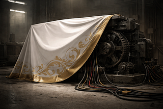 A minimalist, cinematic illustration of a large industrial machine partially shielded by a flimsy, decorative safety cover, while exposed gears and power cables remain unprotected behind it. The cover looks polished and branded, but clearly useless. Muted colors, high contrast lighting, realistic style, no people, no text, no cyberpunk elements.