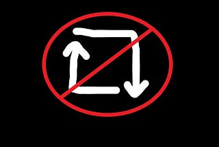 Drawing of white Medium reboost symbol, two arrows drawn at right angles to form a box, with a red line through it, against a black background.