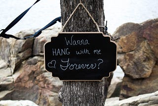 Sign saying “Want to hang with me forever” as a word play on breasts. Breasts. Bras. Women’s Health.