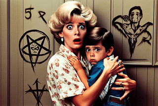 A scared mother and child in 1980s clothing. Pagan symbols are on the wall behind them.