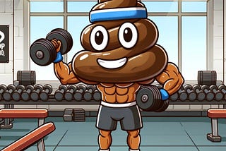 Poop #142.Meet Power Pooper, the gym’s stinkiest hero!When the golden dumbbell goes missing