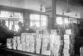 Bundles of notes waiting to be distributed by the Reichsbank during the hyperinflation period of Weimar Germany