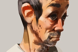 Digital painting of an old man in a gray background.