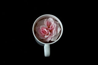 A pink rose in a white mug on a black table to signify life growing from darkness.