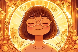 A peaceful illustration of a young girl with short brown hair and glasses, smiling softly with her eyes closed. She is surrounded by glowing golden flowers and hearts, bathed in warm, radiant light, evoking a sense of inner peace and contentment.
