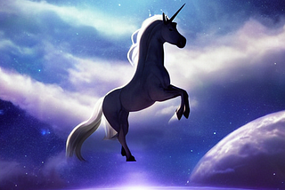 A unicorn flying in outer space.