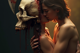 An axe entering a scul on one side, a romantic couple hugging on the other side of the image