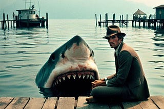 A man sits on a dock with a great white shark right behind him