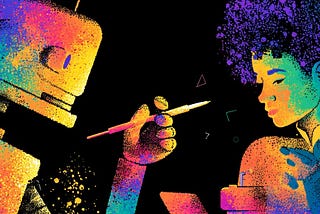 Colourful illustration of a robot and a woman writing in a notebook.