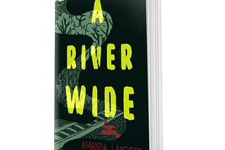 Cover art for A River Wide by Amanda J. McGee. Swirling river illustration with overlay of woods and train tracks, blood on the tracks
