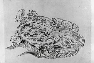 Drawing of a turtle with a tail by an Edo-era master of woodblock prints, Hokusai.