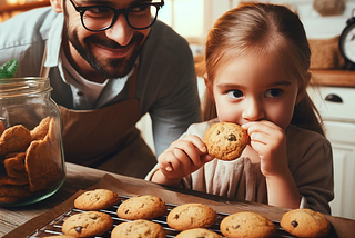 Little Emma stealing a warm cookie from the counter, caught by Dad.