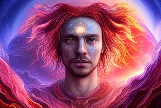 Head and shoulders of a male figure wrapped in orange and red light, with a small light in his forehead looking like a miniature sun. His gaze is calm, distant. The image gives off a feeling of spirituality or the divine. It is an AI generated image of the author.