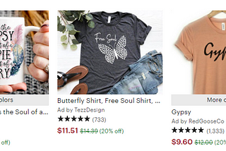 This image has a series of products being sold on a website. Each one of them has the name of the product, 5 star rating, and a price. EAch one of them has some version of the “gypsy soul” theme.