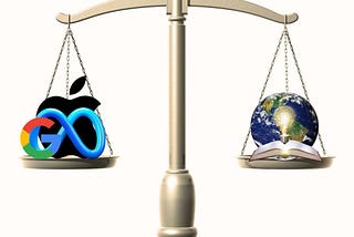 Digital image of scales representing the balance of power in the professional world. A scale is central to the image, evenly balanced. On one side of the scale, there are logos of big tech companies: Google, Apple, and Meta. On the other side of the scale, there are symbolic representations of various aspects of the professional world to represent knowledge (book), ideas (lightbulb) and life experience (world).