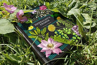 A book titled “Herbalist Primer” with a black hardcover laying down on the ground amidts grasses and herbs.