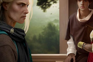 Fantasy painting of a woman warrior with blonde hair, angry and looking at a teenage boy who is staring back. His mother is standing with him, happy about the forest she see off the balcony.