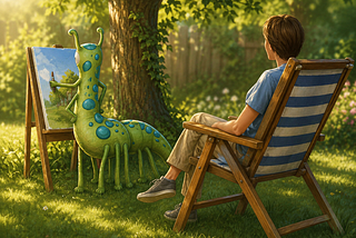 My heroine, Selena, relaxing outside beneath a tree, with Breadbox, the alien.