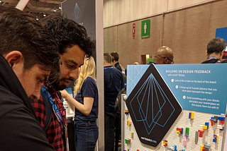 two men look at PatternFly poster