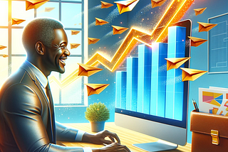 A vibrant digital artwork depicting a person joyfully looking at a computer screen with a graph showing rising success, symbolizing email marketing.