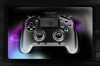 A custom made graphic of a monochrome Game controller placed on a rounded-rectangular fluid-like lit surface.