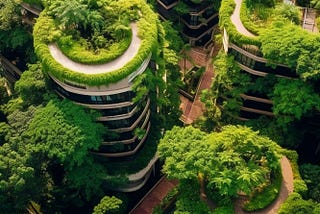 Vista de uma cidade, com prédios em meio à densa vegetação