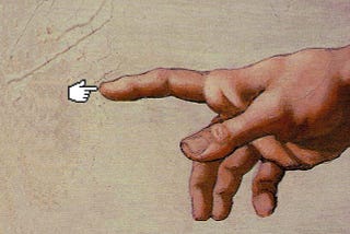 Cursor touching a human hand in Creation of Adam painting style
