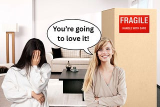 woman brining large unwanted gift to her neighbor