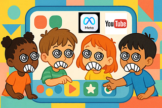 Four children sitting together and hypnotized by UI icons.