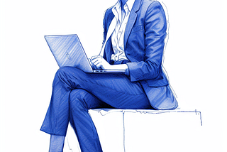 AI generated image of a person in a business suit, with an untied collar, working on a MacBook.