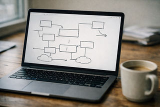 Incomplete software architecture diagram on laptop screen during dev sync meeting