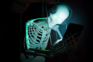 Skeleton with headphones od black background staring into a phone