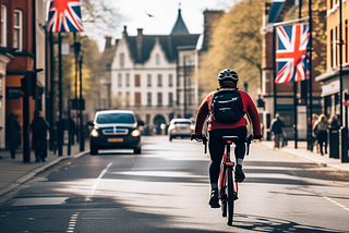 A person cycling through a British town.