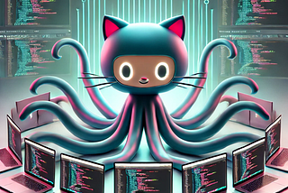 GitHub’s Octocat multitasking by developing open source projects on multiple laptops, courtesy of DALL-E