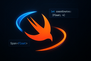 Swift programming language logo with dynamic blue and orange performance arrows, floating code snippets showing inline arrays syntax, modern tech illustration design