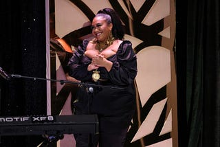 Brande Victornian on stage at the Beverly Wilshire Hotel grand ballroom in honor of the 15th Essence Black Women in Hollywood Luncheon.