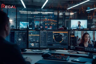 Developer monitoring OTT streaming analytics and video feeds on multiple computer screens in a modern control room, with Regal Streaming Solutions logo displayed in the corner.