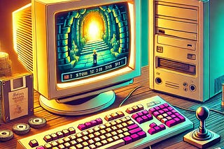 an ai generated illustraton of a retro PC with games and a joystick