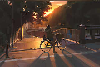 A Girl And her Cat Watching the sunset from their bicycle