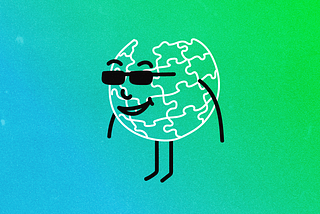 An illustration of the Wikipedia puzzle logo wearing sunglasses